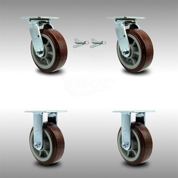 Service Caster 6 Inch SS Polyurethane Caster Set with Roller Bearings 2 Swivel Lock 2 Rigid SCC SCC-SS30S620-PPUR-BSL-2-R-2 - main